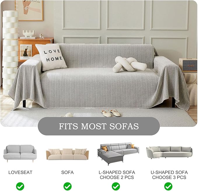 STACYPIK Silver Gray Chenille Sofa Covers, Herringbone Jacquard Sectional Couch Cover, Furniture Protector for 3 Cushion Couch, L-Shaped Sofa Covers for Loveseat, Washable Multi-use Blankets-91X134IN