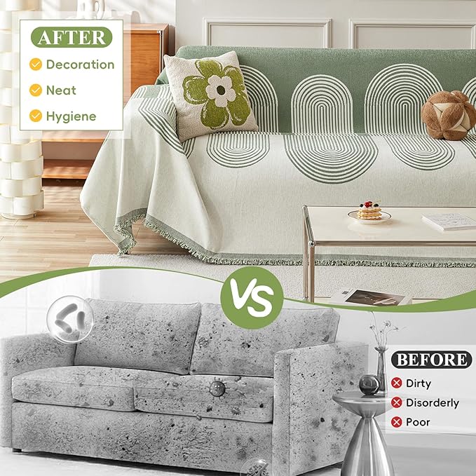 STACYPIK Modern Green Striped Couch Cover for Pets, Boho Geometric Sofa Cover for 2 Cushion Couch, Boho Chenille Sofa Cover for Dogs, Sofa Slipcover for Sectional, Throw Cover for Loveseat-71X118IN