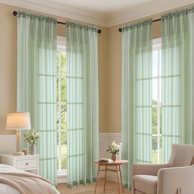 OVZME Sage Green Sheer Curtains 84 Inches Long 2 Panels Set, Light Filtering - Image 7