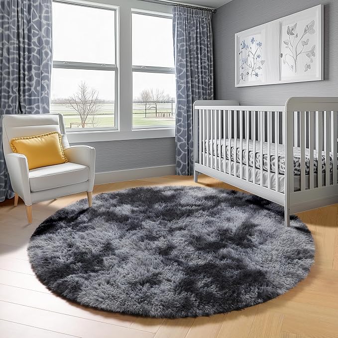 ONASAR Round Rugs 6ft for Living Room Bedroom, Tie-Dyed Dark Grey Fluffy Circle - Image 7