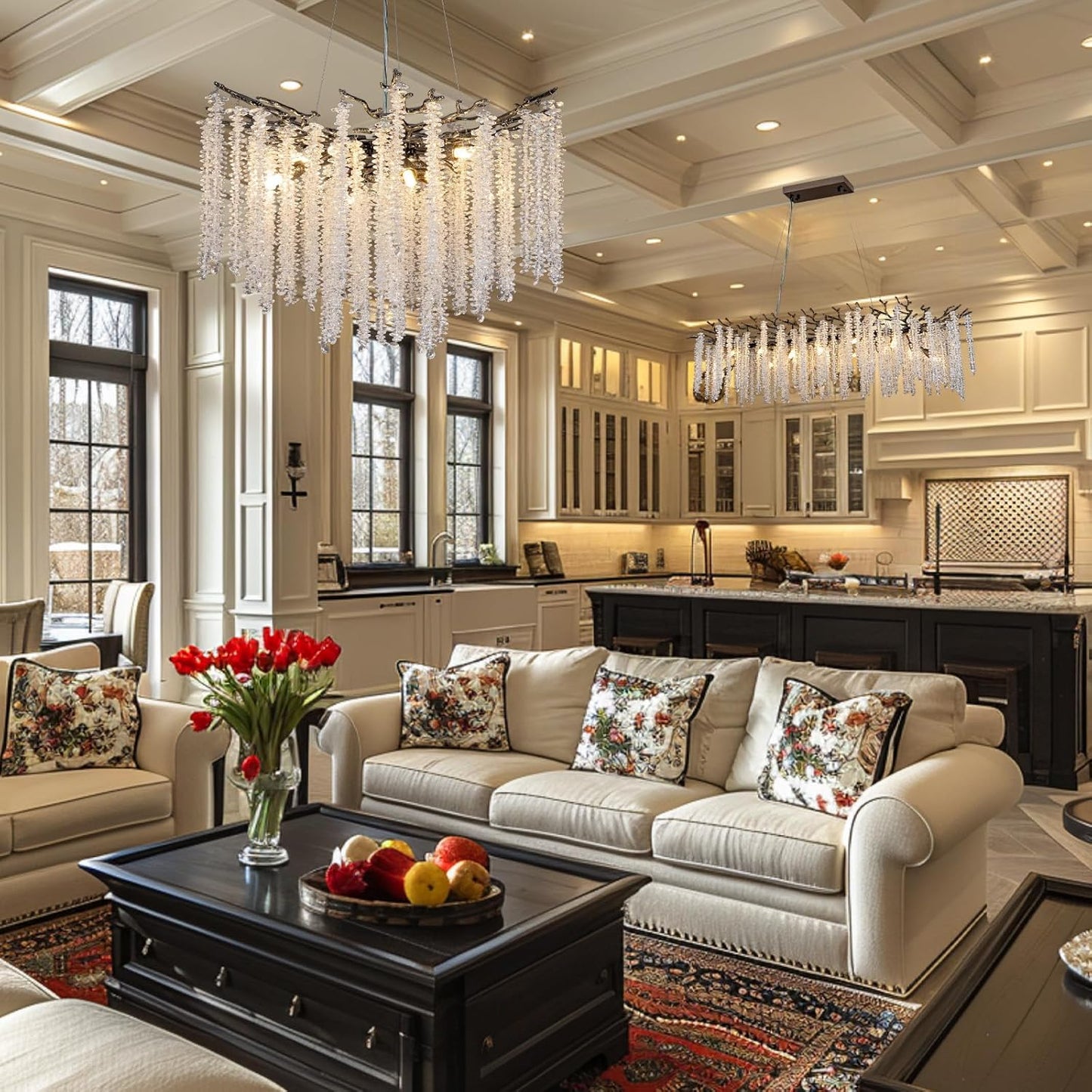 YUYI Modern Crystal Chandeliers for Dining Room,Black Tree Branches Chandelier Lighting,Round Luxury High Ceiling Chandelier Light Fixture Hanging Pendant Light Fixtures