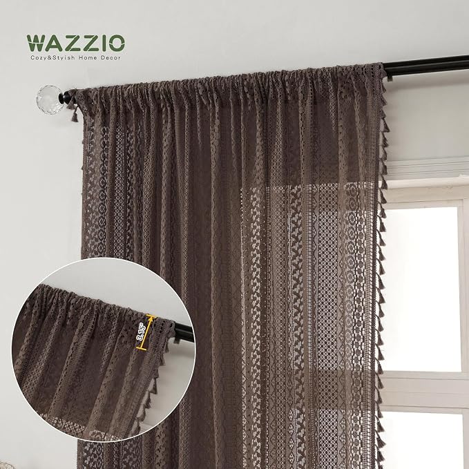 WAZZIO Boho Lace Curtains 63 Inches 2 Panel, Light Filtering Privacy Tassel & - Image 4