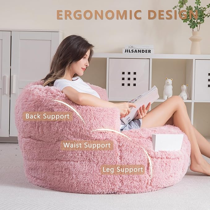 BYBYME Giant Bean Bag Chair, Faux Fur Bean Bag Couch with Filler Large Living Room Bean Bag Chairs for Adults, Big Lazy Sofa Accent Chair with Pocket Floor Chair