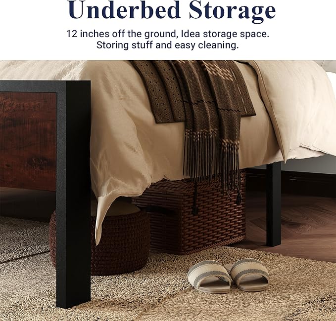 Allewie Queen Size Platform Bed Frame with Wooden Headboard and Footboard, Heavy Duty 12 Metal Slats Support, No Box Spring Needed, Under-Bed Storage, Noise Free, Easy Assembly, Mahogany