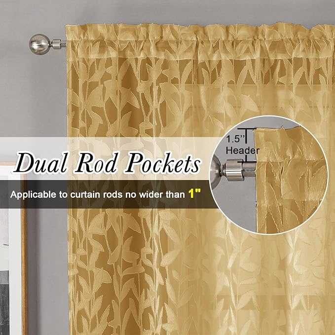 Lecloud Leia Dark Gold Sheer Curtains 84 Inches Long 2 Panels, Jacquard - Image 2