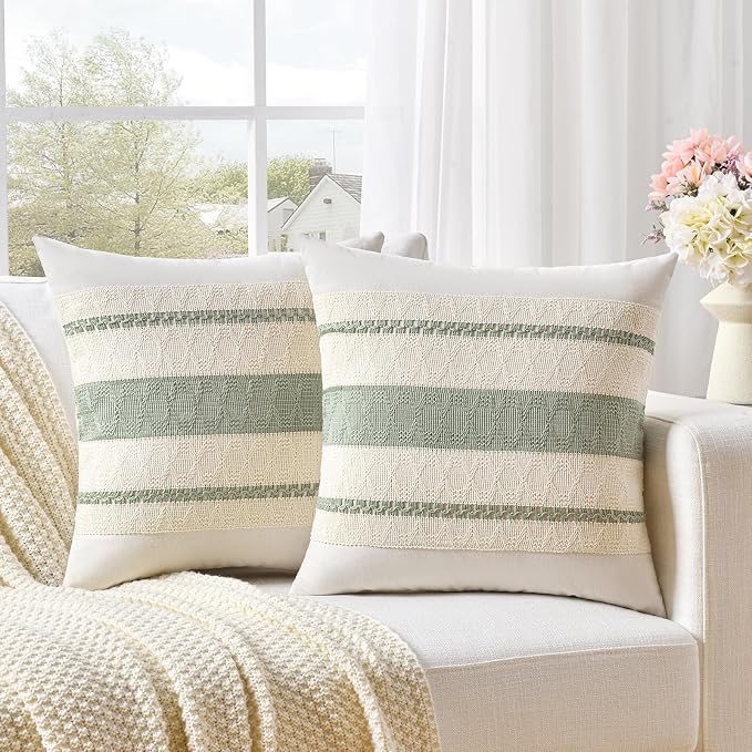 Fancy Homi Set of 1 Sage Green Boho Decorative Throw Pillow Covers 18x18 Inch - Image 2