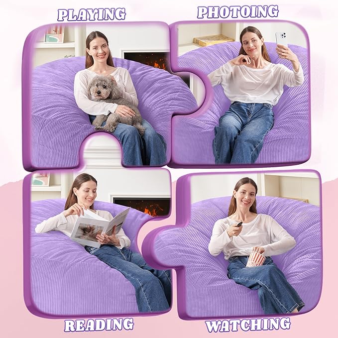 HABUTWAY 4FT Bean Bag Chair,Giant Bean Bag Chairs for Adults,Big Bean Bags with Memory Foam Filled, Large Beanbag Chairs with Soft Corduroy Cover-Purple