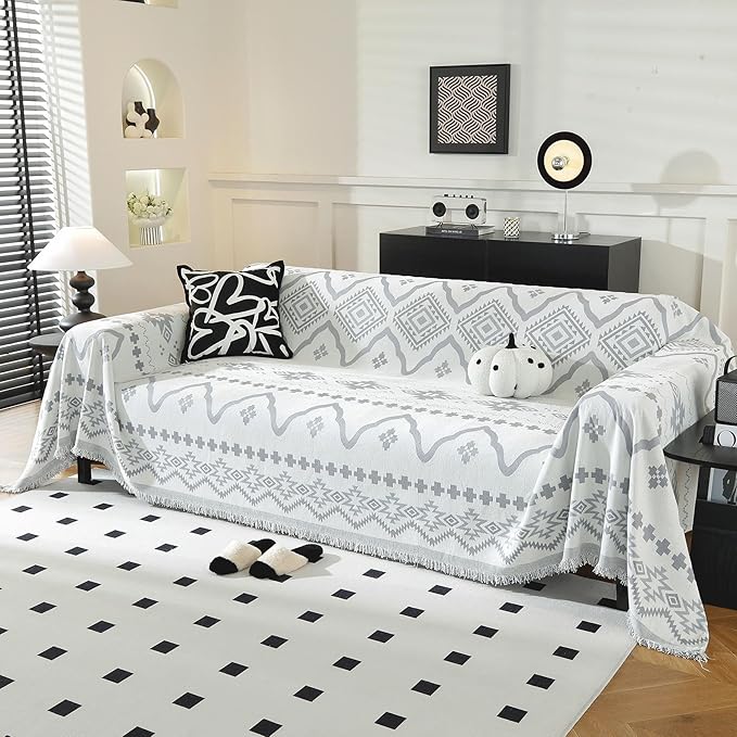LUFEIJIASHI Boho Couch Covers for Sofa Non Slip Sofa Covers Washable Couch Covers for 3 Cushion Couch Sofa Pet Friendly Sectional Couch Cover Blanket Furniture Protector for Dogs (Grey, 91"x150")