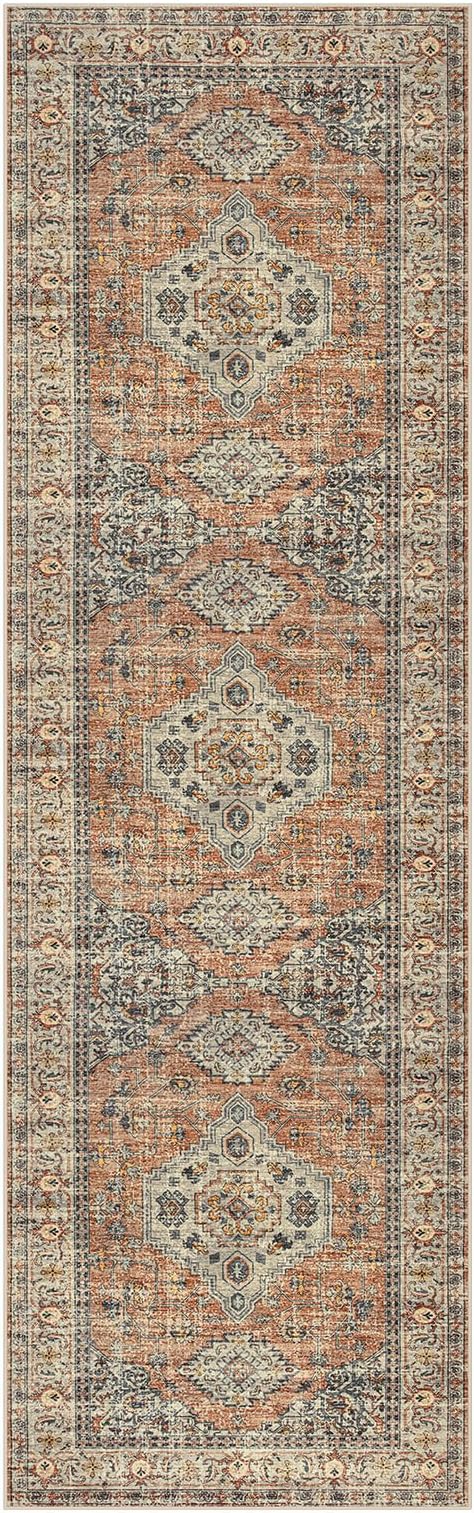 Lahome Oriental Hallway Runner Rug, 2.5x8 Kitchen Runner Non Slip Ultra-Thin, Soft Washable Hallway Rug Distressed Non Shedding Long Carpet for Entryway ‎Laundry Room Bathroom, Peach/Orange
