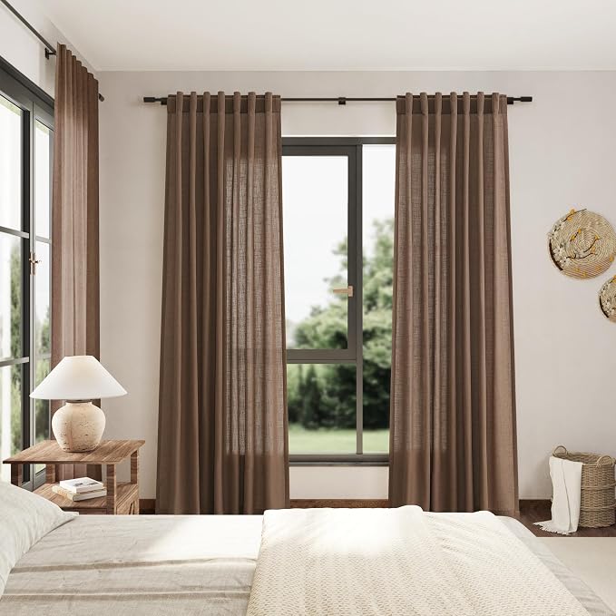Extra Long Caramel Brown Linen Curtain 108 Inches Long 2 Panels Set Back Tab - Image 7