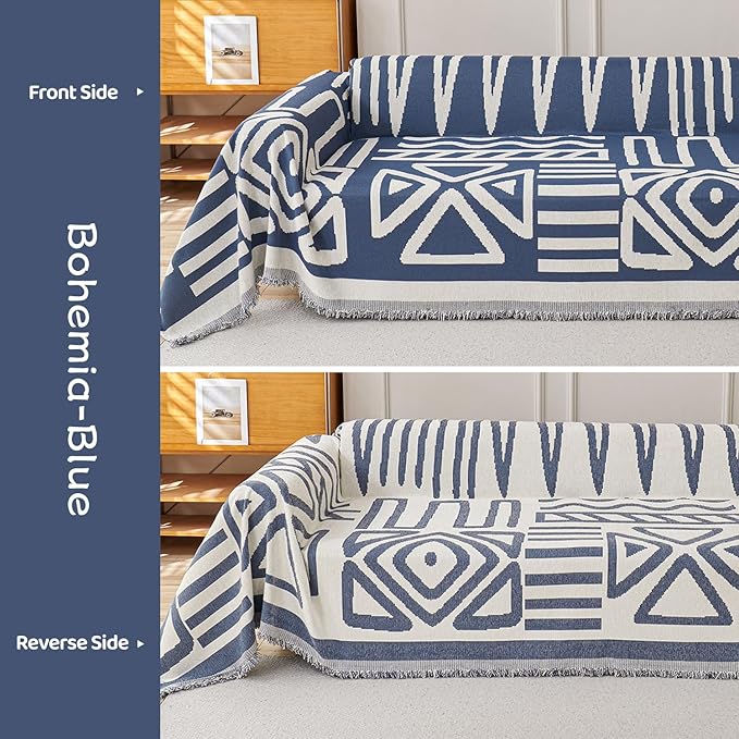STACYPIK Modern Boho Couch Covers, Non Slip Blue Geometric Sofa Cover for Loveseat, Washable Furniture Protector for 3 Cushion Couch, Anti Slip Reversible Jacquard Couch Throw Covers for Sofa-71X150IN