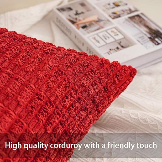Pack of 2 Christmas Red Corduroy Decorative Throw Pillow Covers 24x24 Inch Soft - Image 2