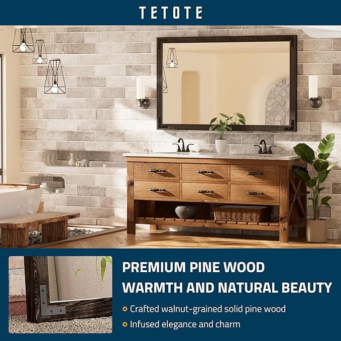 TETOTE 48 x 30 Black Wood Mirror for Bathroom Wall/Bedroom/Living Room/Entryway Farmhouse Rustic Wall Mirror Waterproof (Horizontal/Vertical Mounted)