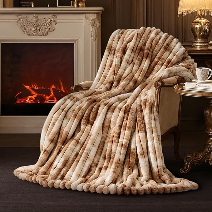 Amélie Home Faux Fur Throw Blanket for Couch, Cozy Fuzzy Fluffy Fur Luxurious Soft Striped Plush Gift Blankets for Family Sofa Chair Bed Living Room Bedroom, 55"x70", Tie-dye Khaki
