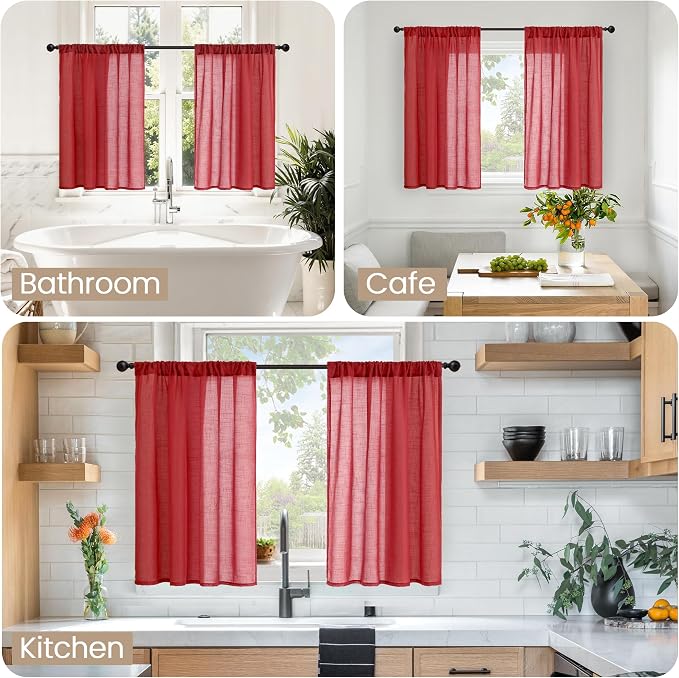 BGment Red Linen Kitchen Curtains Window Over Sink, Short Semi Sheer Drapes - Image 2