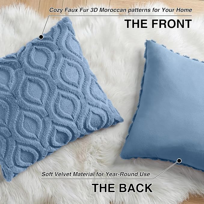 decorUhome Throw Pillow Covers 22x22 Inch Set of 2, Soft Plush Faux Wool Blue - Image 8