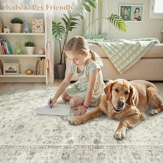 LIVEBOX Washable Area Rug 8x10 Rugs for Living Room Bedroom, Non-Slip Boho Indoor Carpet for Dining Room Office, Low-Pile Farmhouse Soft Carpets for Kids Nursery Room Playroom, Taupe