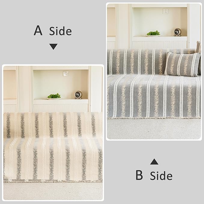 Couch Cover for Dogs Washable Sofa Cover, Sectional Couch Covers, Sofa Covers for 2 Cushion Couch, Non Slip Stripe Sofa Slipcovers Furniture Protector, Couch Protector from Cat Claws, Light,71''x134''