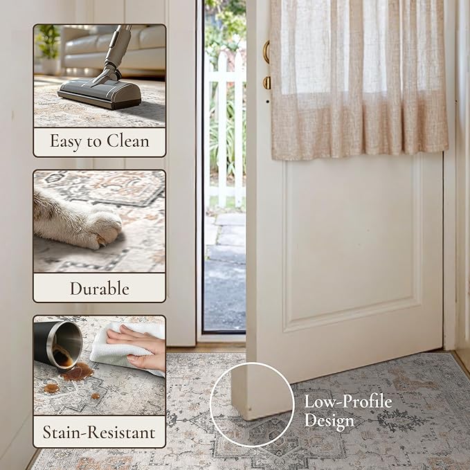 GENIMO 10x13 Area Rugs for Living Room, Non Slip Machine Washable Vintage Rugs, Low Pile Lightweight Chenille Print Large Rug for Bedroom, Dining Room, Home Office, Light Taupe Brown