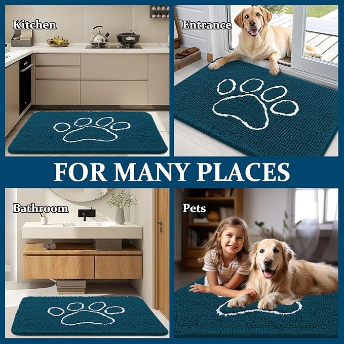 OLANLY Door Mat for Muddy Dog Paws 59x24, Absorbent Chenille Mud Doormat with Paw Print Design, Non-Slip Washable Doormat for Indoor Entryway, Quick-Dry Pet Bed Mats for Dirty Dogs, Atlantic Blue