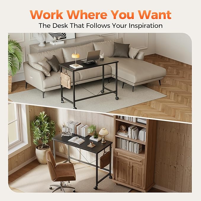 Rolling Computer Desk with Wheels, Gaming Desk for Small Spaces, Modern Simple Style Table for Home Office, Study Writing Table (Caster, Black, 40 inch)