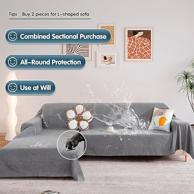 STACYPIK Waterproof Couch Cover for Sectional, Anti-Scratch Gray Sofa Cover for 3 Cushion Couch, L Shaped Sofa Cover Pet-Friendly, Loveseat Sofa Slipcover, Washable Furniture Protector Decor-71X150IN