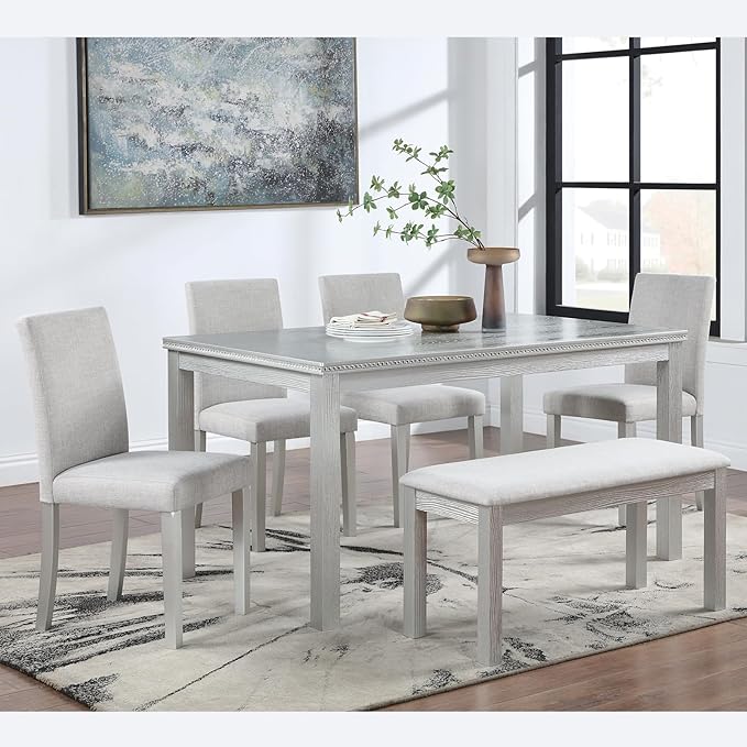 KEIKI 6-Piece Standard Height Dining Table Set with Rectangular Table, 4 Upholstered Chair, Bench, for 6 Person, Crystal Decoration Table Set, Easy Assembly, for Kitchen, Dining Room, Silver Grey
