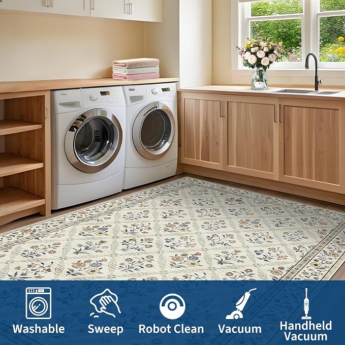 Large Entryway Rug 3x5 Floral Washable Area Rugs Vintage Soft Non-Slip Small - Image 8