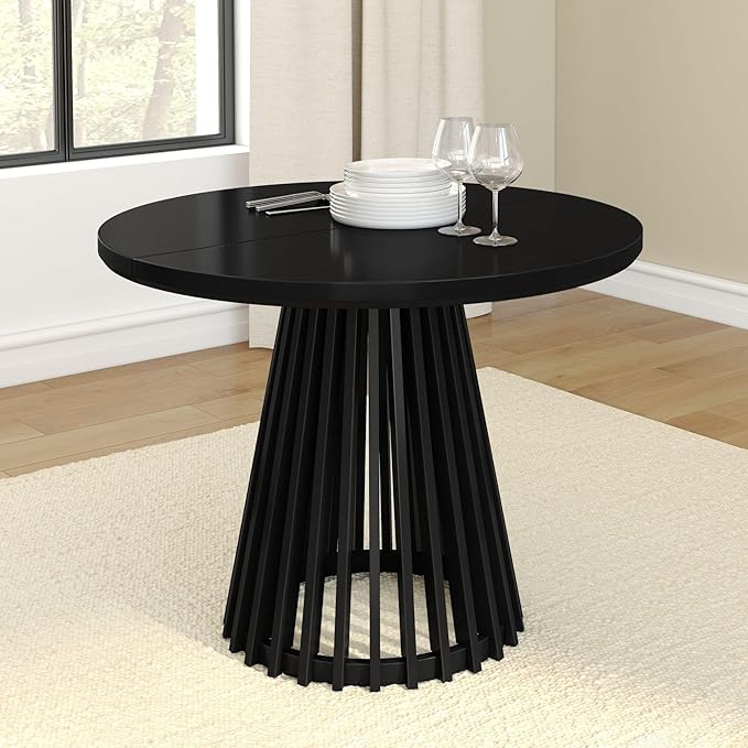 Plank+Beam Lido Round Dining Table, 38", Wooden, Pedestal, Minimalist Kitchen Table for 4 for Dining Room, Black