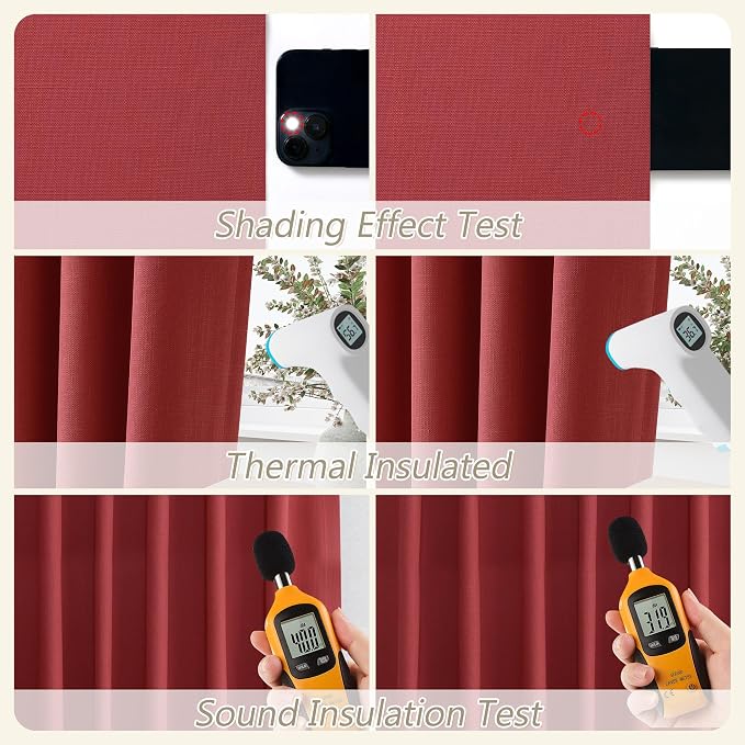 Guken Red 100% Blackout Linen Curtains 90 Inch Length 2 Panels Set - Image 5