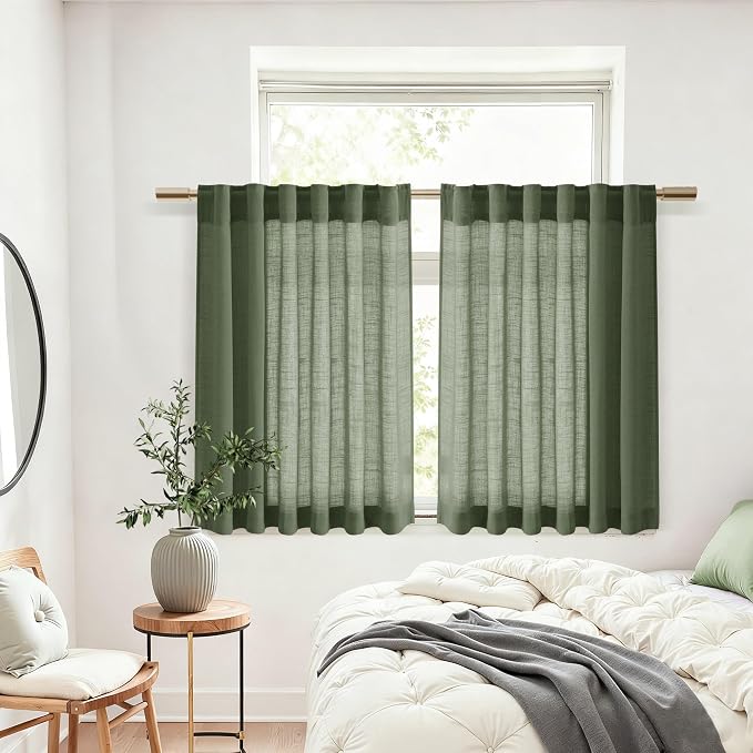 Nanspring Olive Green Cafe Linen Curtains 24 Inch Length 2 Panels Semi Sheer - Image 6