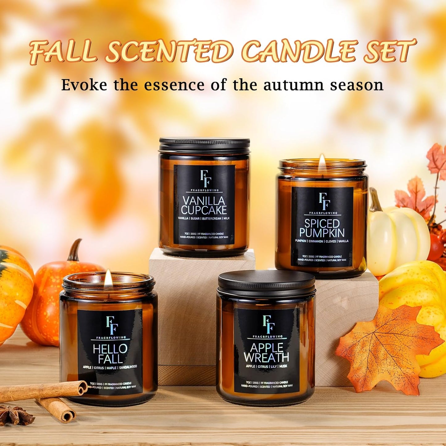 Fall Candles Set, 4 Pack Candles for Home Scented Natural Soy Wax, Autumn Gifts Set for Women Men, Fall Fragrance of Spice/Vanilla Cupcake/Apple Wreath/Hello Fall