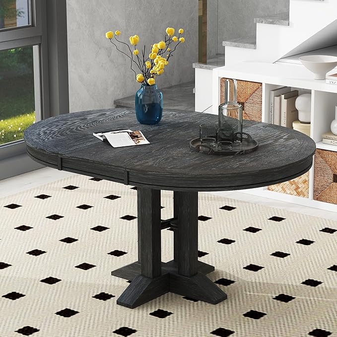 ERYE Mid-Century Modern Functional Extendable Wooden Round Dining Table with 14" Adjustable Leaf and Pillar-Trestle Legs, Wood Oval Dining Table