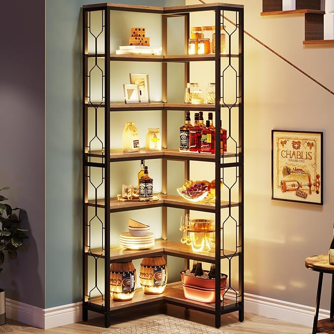 Tribesigns Corner Shelf, 7-Tier Industrial Corner Bookshelf, Wood and Metal Corner Etagere Bookcase, Freestanding Display Shelf for Living Room, Kitchen, Home Office, Gray