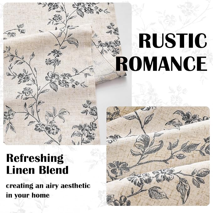 Lazzzy Black Floral Linen Curtains 96 Inch Farmhouse Back Tab Drapes - Image 3