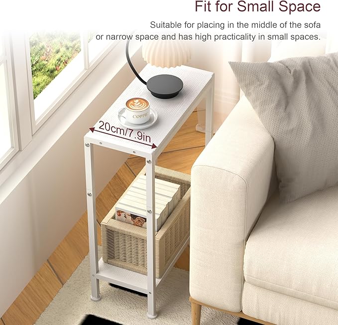 Narrow Side Table for Small Space, 2-Tier Small End Table with Shelf Holder, Slim Nightstand, Skinny Snack Couch Table in Living Room, Bedroom, Study, Kitchen and Balcony (White)