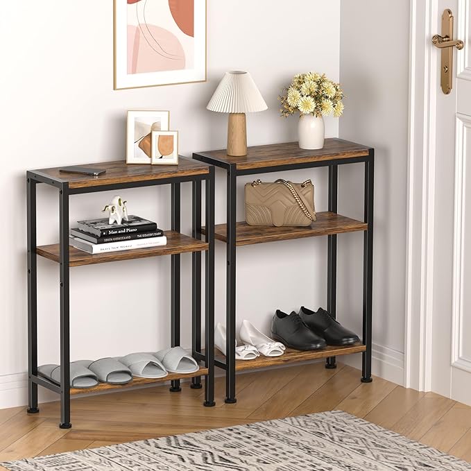 Narrow Side Table for Small Space, 3-Tier Small End Table with Shelf Holder, Slim Nightstand, Skinny Snack Couch Table in Living Room, Bedroom, Study, Kitchen and Balcony（Rustic Brown
