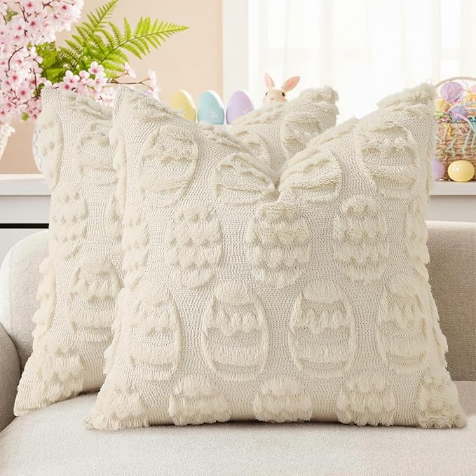decorUhome Easter Beige Egg Pillow Covers 18x18 Inch Set of 2, Soft Plush Faux by decorUhome