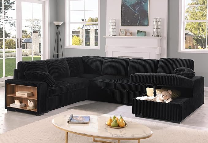 Eafurn Oversized U Shaped Convertible Sleeper Sectional Sofa w/Pull Out Couch Bed, 6 Seater Corduroy Upholstered Corner Lounge Sofa Couch Sleeper Sofabed w/Storage Chaise,Shelves