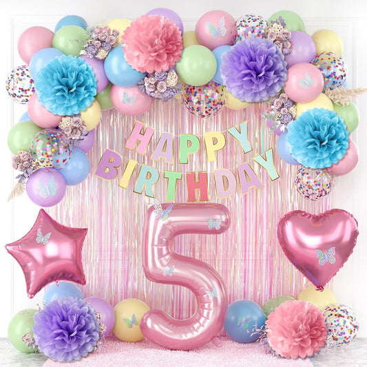 Pastel 5th Birthday Party Decorations for Girls Number 5 Balloon Happy Birthday Banner Butterfly Stickers Fringe Curtain Paper Pom Poms Macaron Pink Star Heart Foil Colorful Balloons 5 Year Old Decor