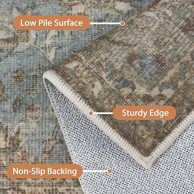 8X10 Area Rugs Machine Washable Rugs for Living Room, Vintage Boho Large Rugs for Bedroom Dining Room, Non Slip Indoor Soft Distressed Lightweight Thin Low Pile Carpet, Weathered Teal