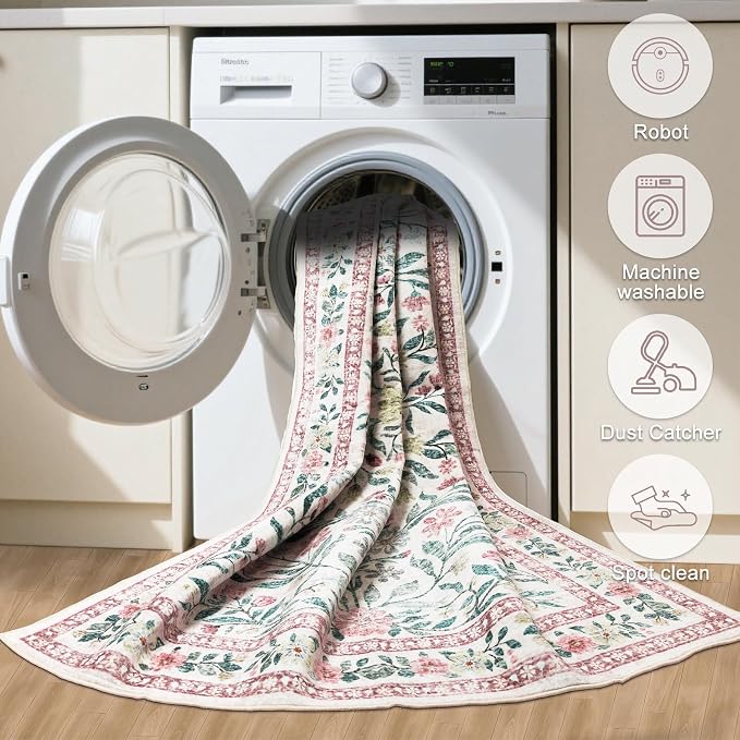 Round Area Rug for Living Room: 6 ft Floral Washable Circle Rug Soft Boho - Image 7
