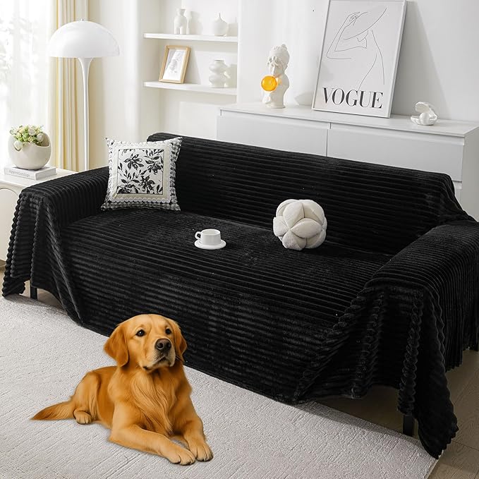 HAOMAIJIA Faux Fur Sofa Covers Couch Covers for 2 Cushion Couch Sofa Pet Friendly Soft Non Slip Couch Cover for Dogs Washable Sectional Couch Covers L Shape Furniture Protector (Black, 71"x118")