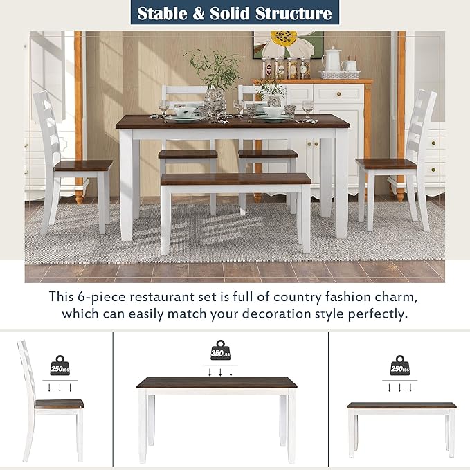Merax 6-Piece Wooden Rectangular Dining Table Set with 4 Rubber Wood Chairs and 1 Bench