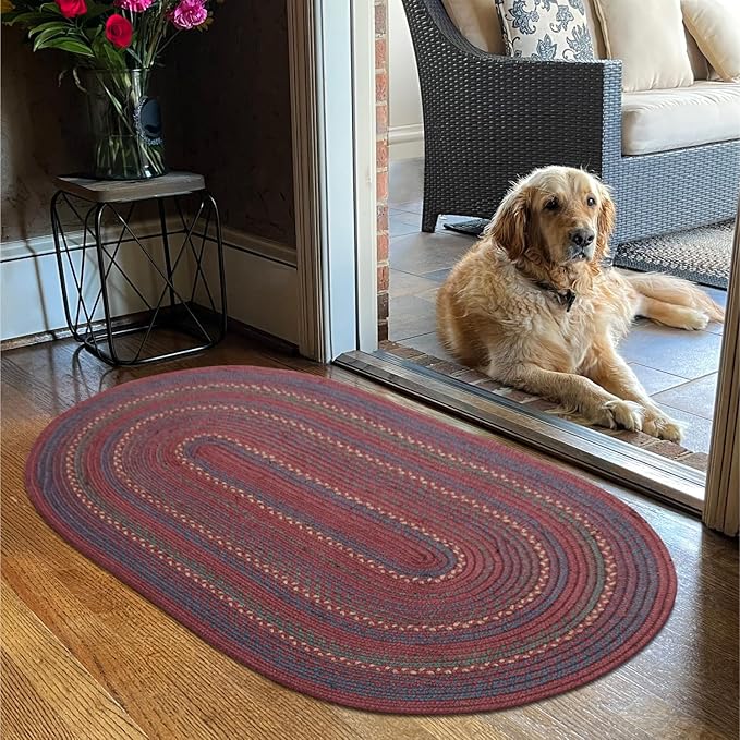 Jamestown Burgundy Oval Braided Rug, Jute, 27"x45" - Rustic Cabin Decor for Entryway, Kitchen, Everywhere