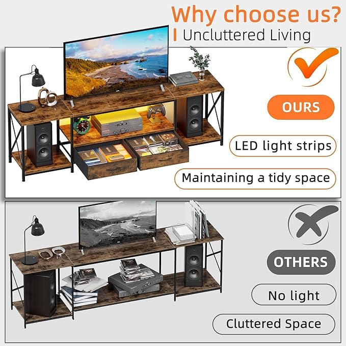 LED TV Stand with 2 Fabric Drawers for 65 60 55 Inch TV, Entertainment Center TV Stands for Living Room, Bedroom, TV Media Console Table with Storage Shelves, 55" Rustic Brown