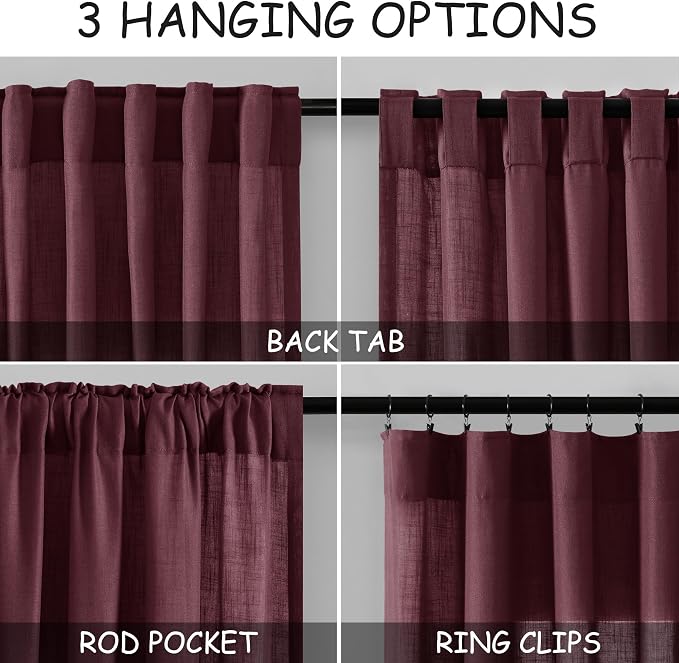 Burgundy Linen Curtains 63 Inches Long 2 Panel Sets - Image 2