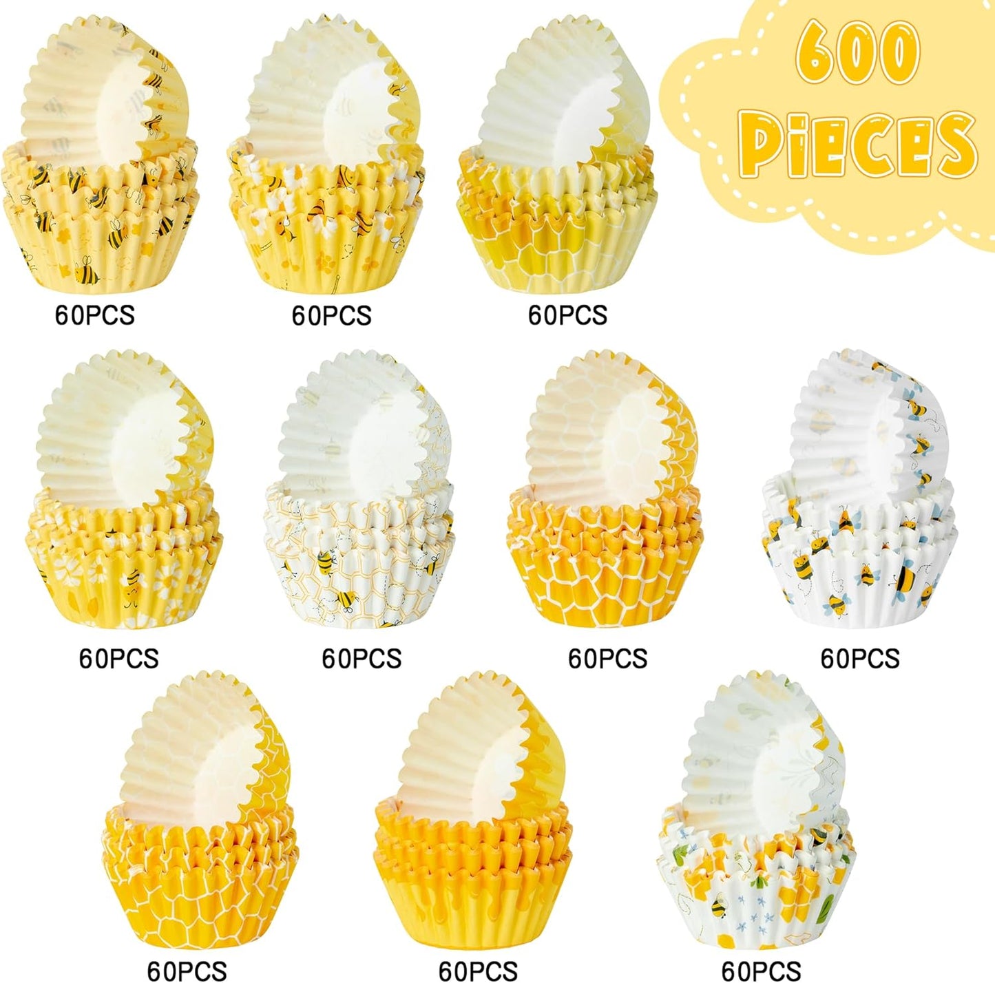 COcnny Bee Mini Cupcake Liners - 600pcs Summer Baking Cups Muffin Paper Cupcakes Wrappers for Birthday Party, Yellow Honey Candy Cake Chocolate Wrap Making Supplies for Baby Shower Wedding (10 Styles)