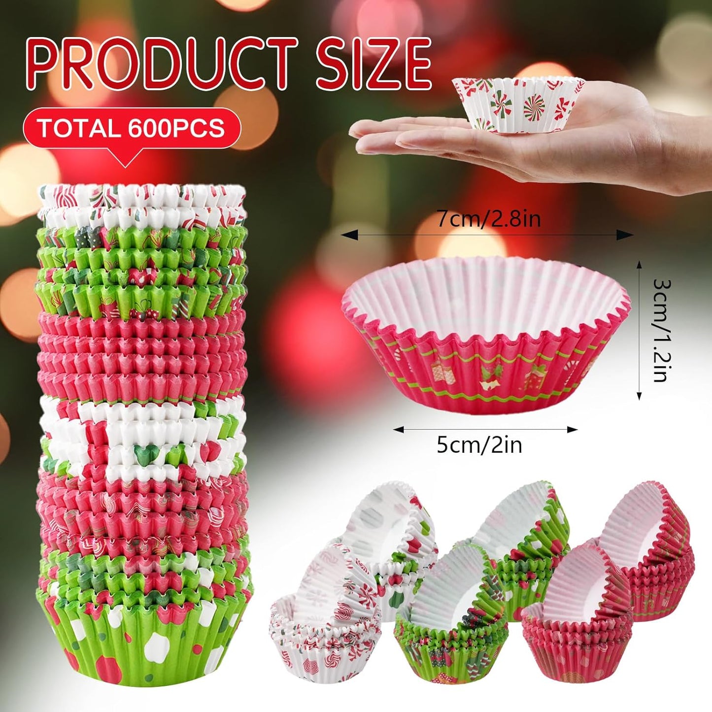 600 Count Christmas Cupcake Liners for Baking Red Green Muffin Mini Holiday Cupcake Liners for Christmas Holiday Birthday Party Candy Make Baking Supplies