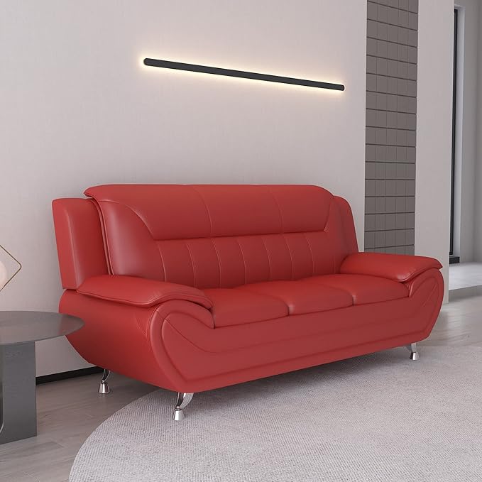 Container Furniture Direct Michael Modern Faux Leather Upholstered Stainless Steel Legs Living Room Sofa, Loveseat, Persian Red